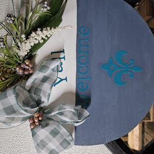Handcrafted Welcome Sign with Blue and White Accents
